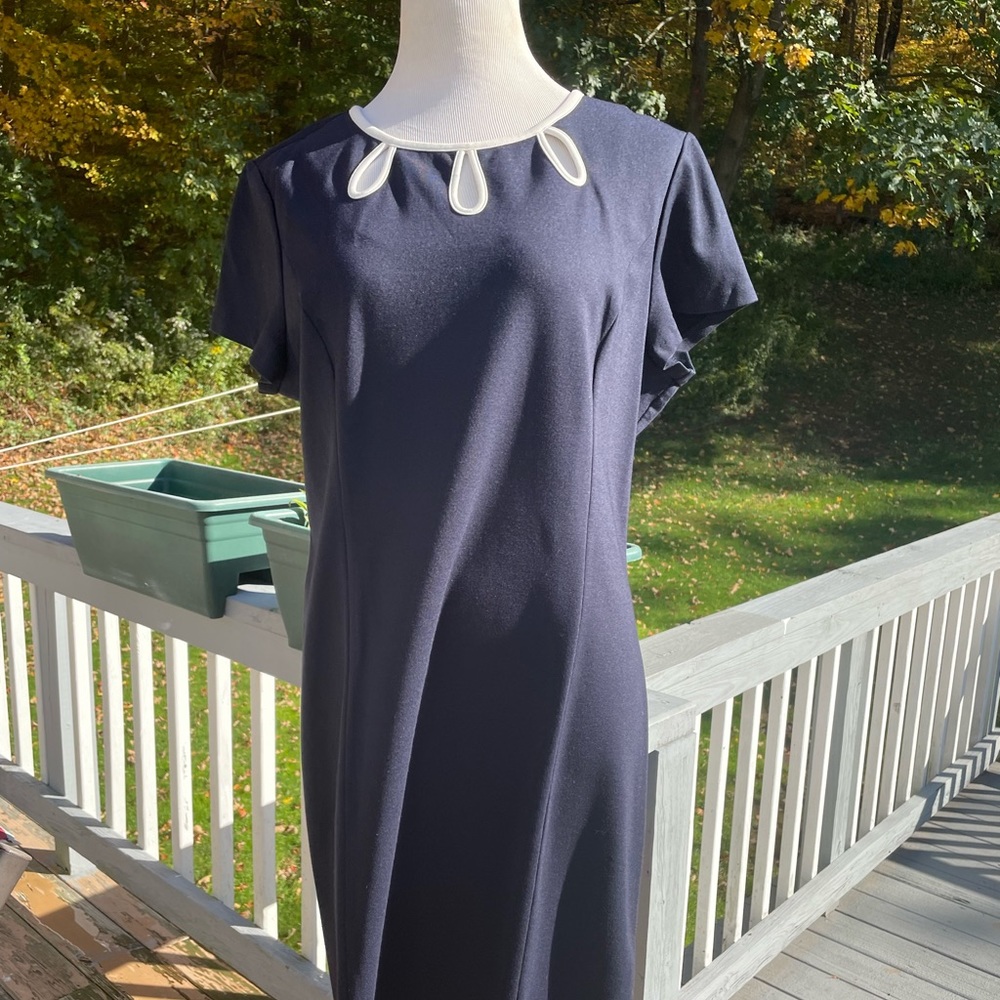 Talbots Navy Midi Dress with White Necklace Trim